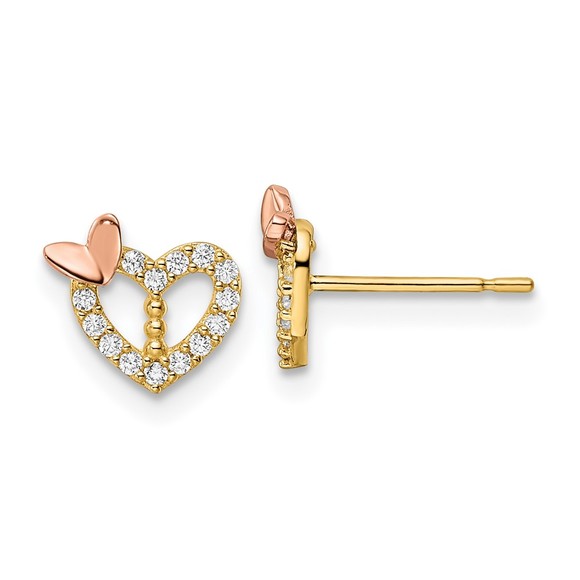 14k Two-tone Genuine Gold CZ Heart with Butterfly Post Earrings